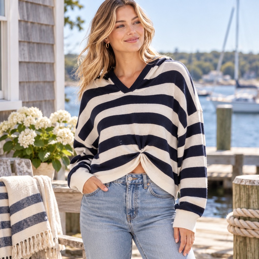 Anthropologie Striped Hooded Sweater XL Twist Front Cropped Coastal Nautical